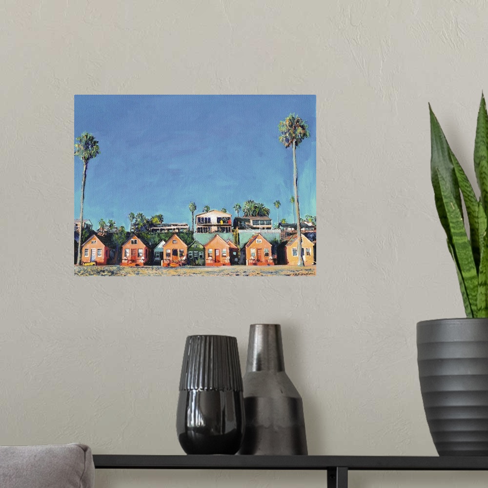 A modern room featuring Contemporary painting of a row of beach cottages with palm trees.