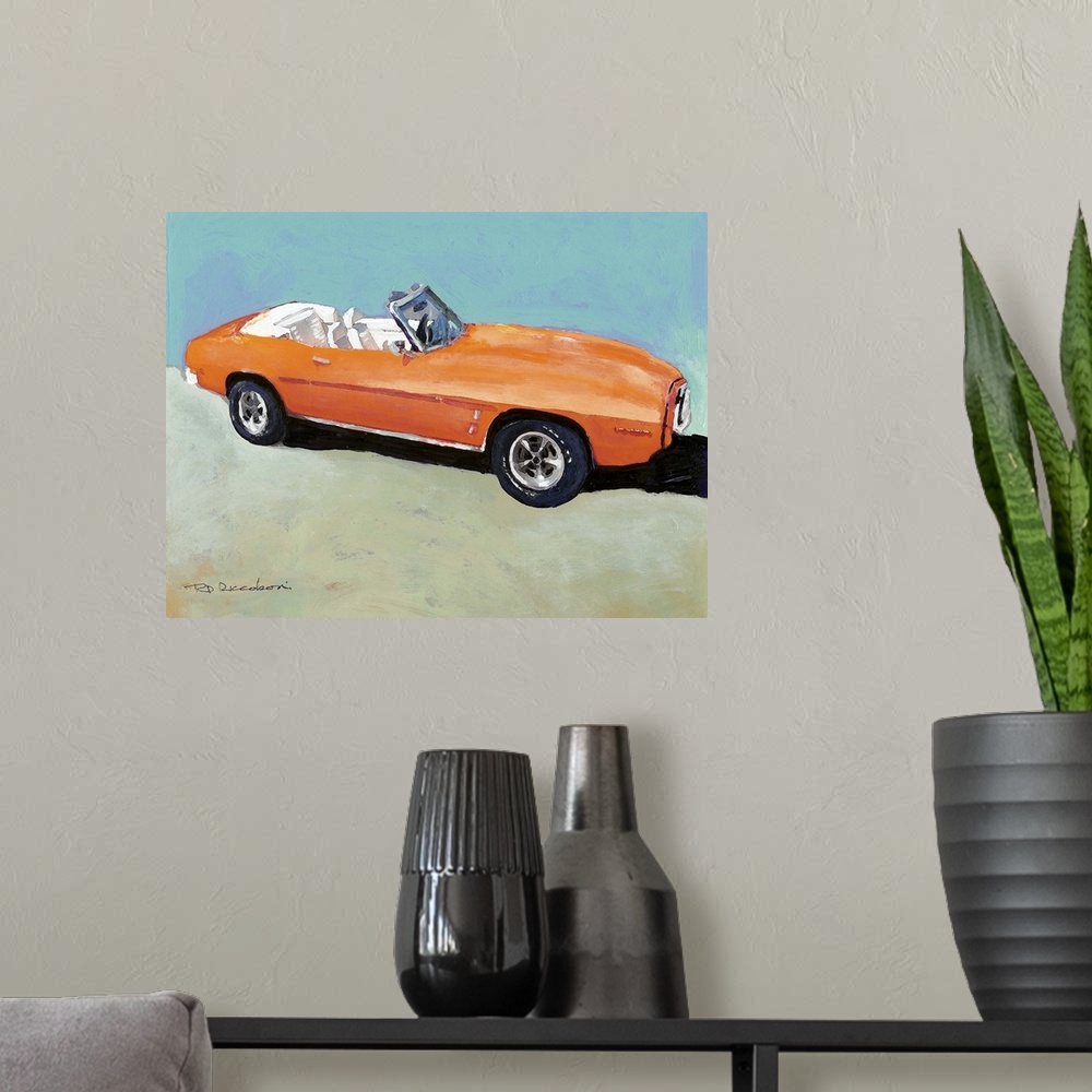 A modern room featuring This Hot rod captured in the bright sun of a Southern California beach day in orange, red blue an...