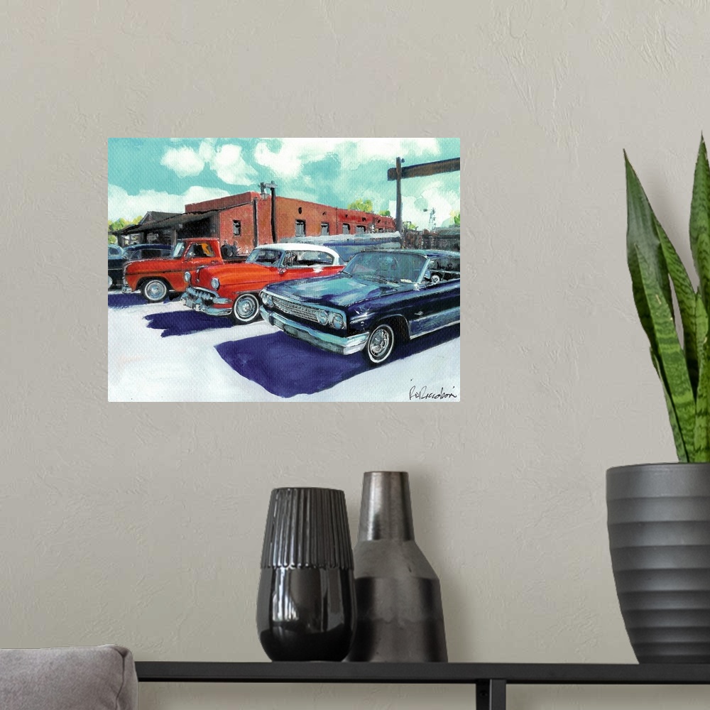 A modern room featuring Classic Cars on San Diego Avenue, painting by RD Riccoboni.