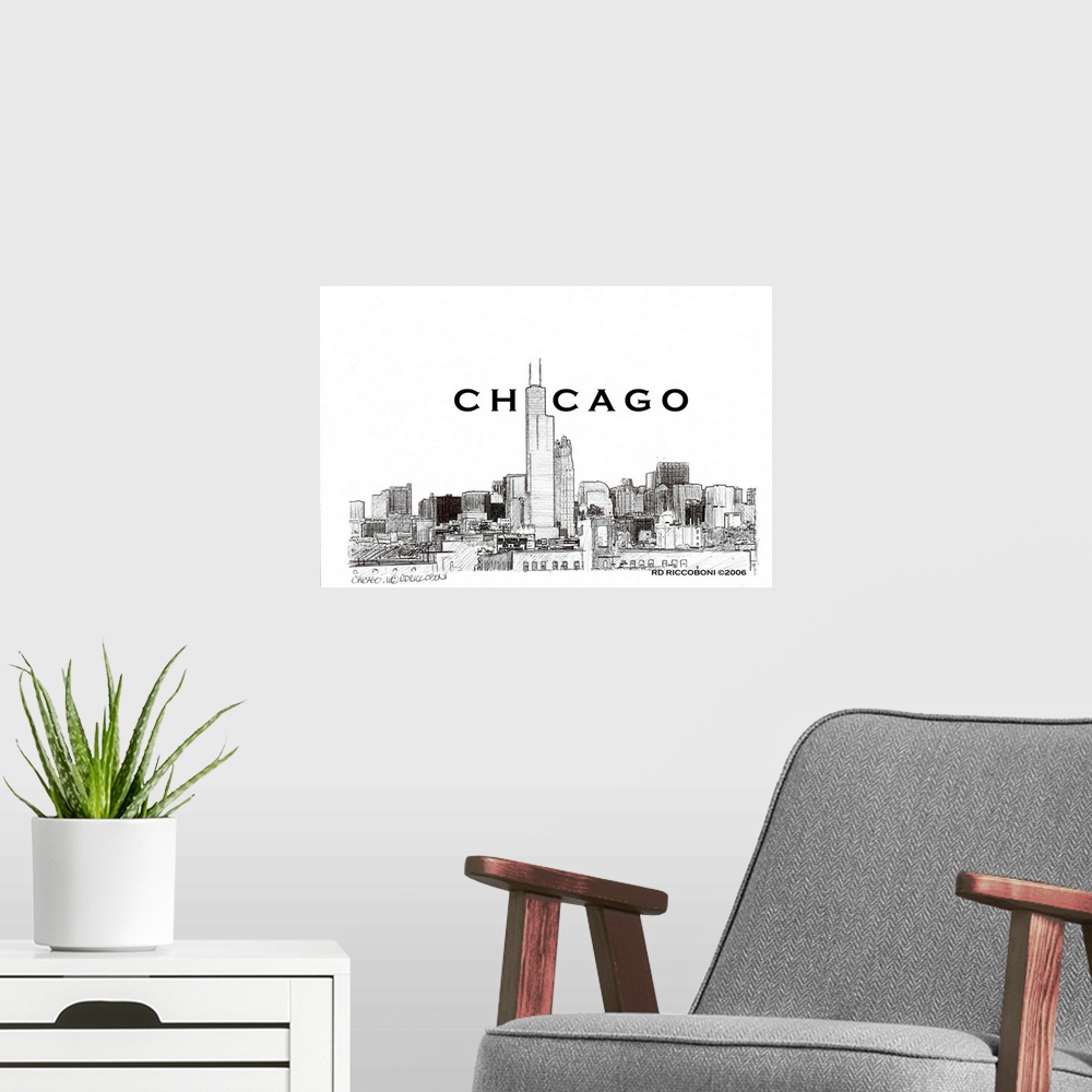 A modern room featuring Chicago Skyline, and Willis, Sears Tower by Randy Riccoboni. A pen and Ink drawing of the windy c...