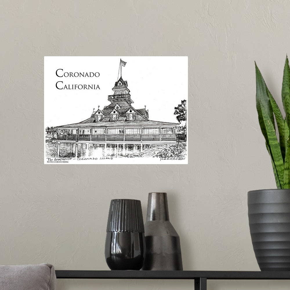 A modern room featuring Coronado California by RD Riccoboni. A pen and ink drawing of the famous Coronado victorian boath...