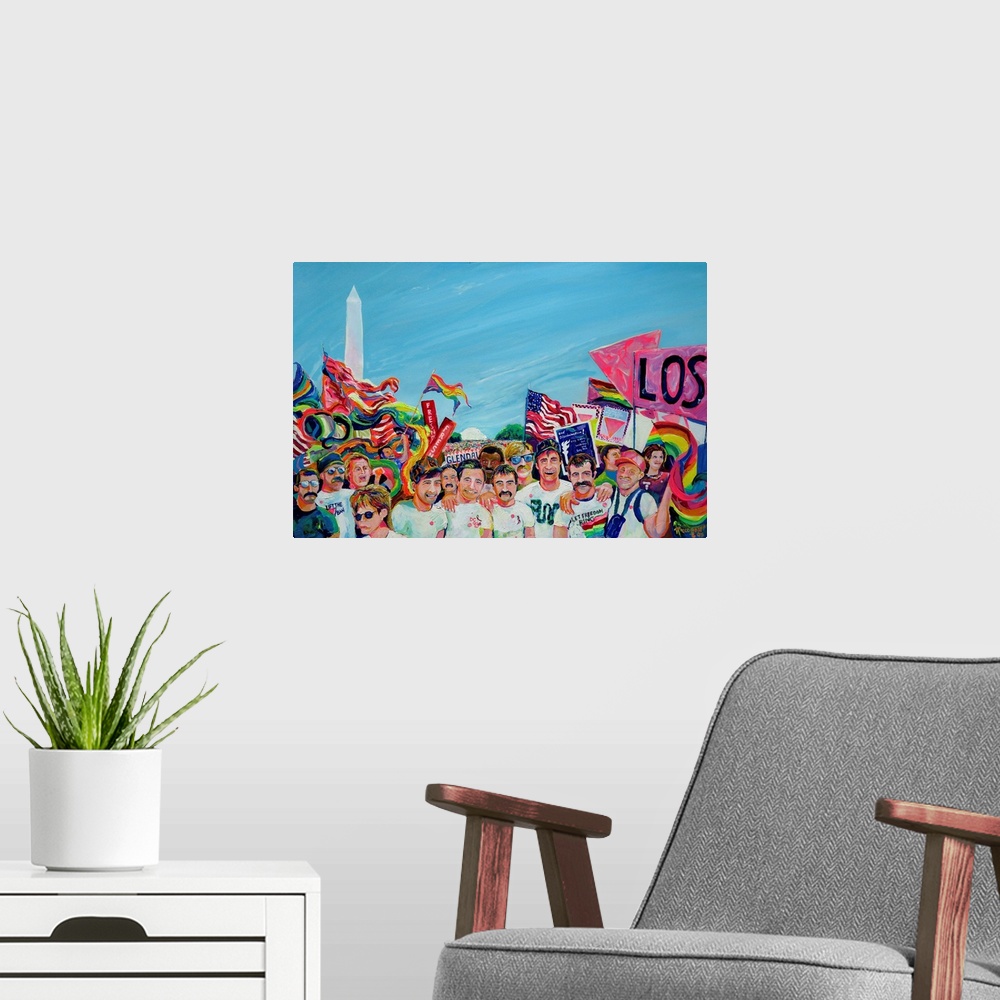 A modern room featuring LGBT March in Washington DC. Gay pride parade party and march in the US Capitol captured in paint...