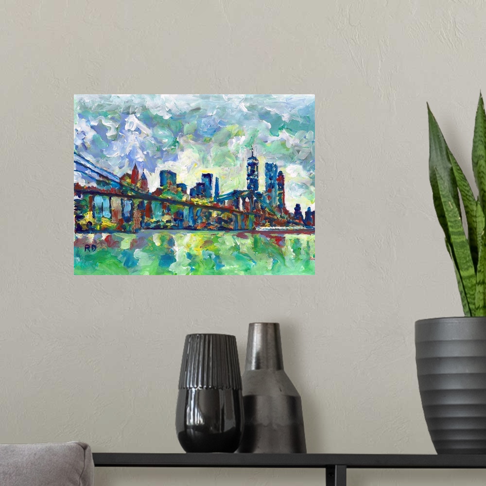 A modern room featuring New York City at Night, painting by RD RIccoboni. The east river with the shoreline of lower Manh...