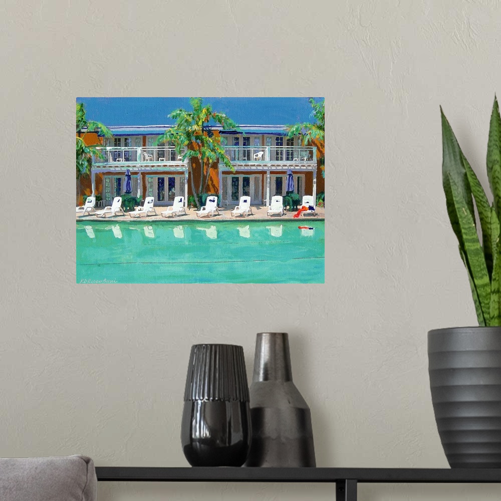 A modern room featuring Impressionist painting of the poolside at the Lafayette Hotel in San Diego.