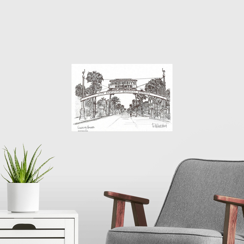 A modern room featuring University Heights sign - San Diego by RD Riccoboni. A pen and ink drawing of the famous neighbor...