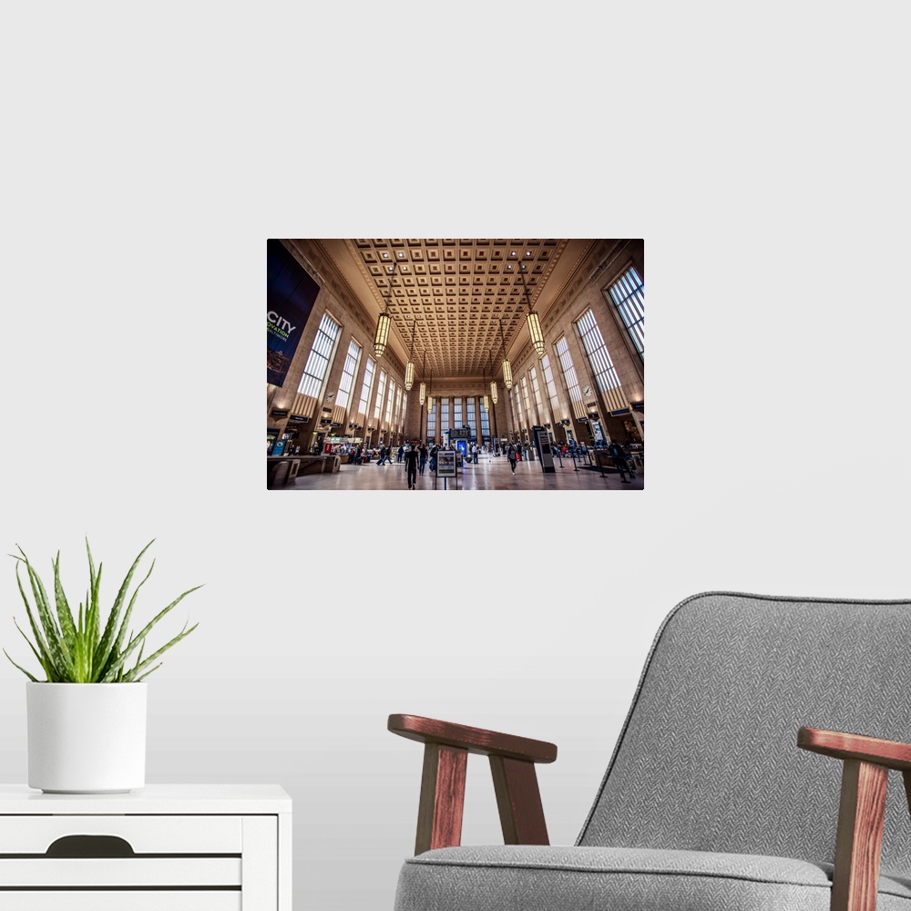 A modern room featuring Photo of 30th Street Train Station's interior grand ceiling in Philadelphia, Pennsylvania.