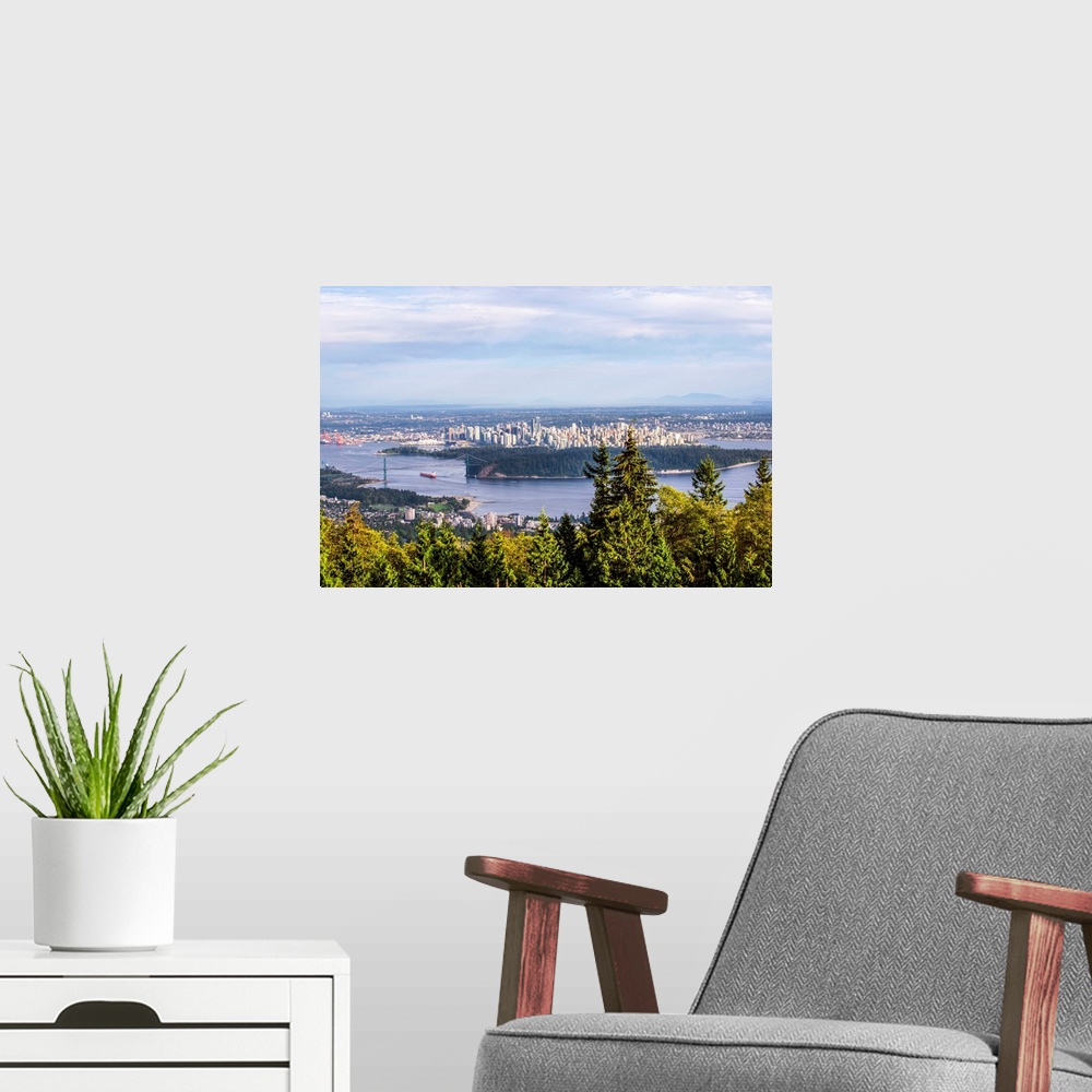 A modern room featuring Aerial view of Vancouver in British Columbia, Canada.
