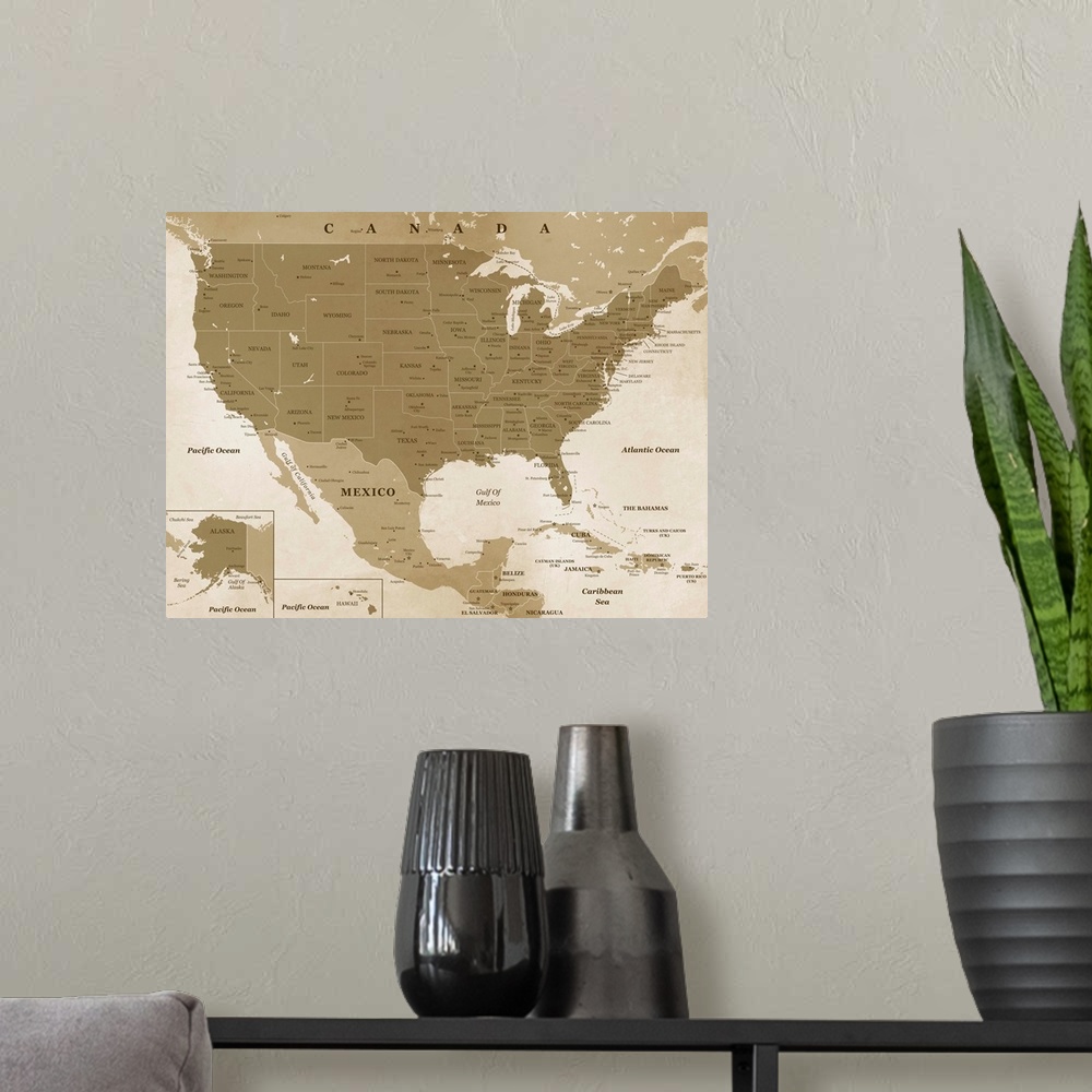 A modern room featuring Sepia toned map of the United States of America with an antique look.