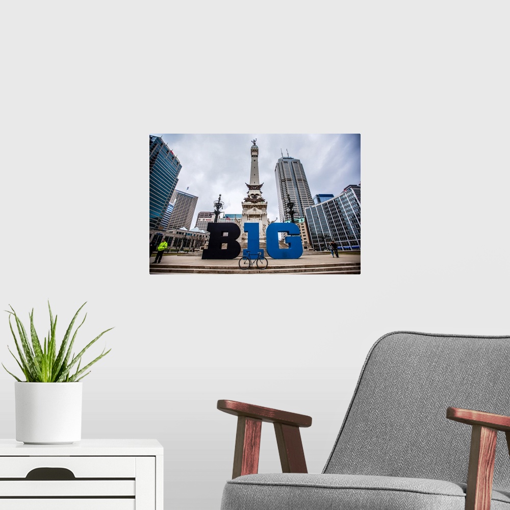A modern room featuring Photo of the Big Ten Display on Monument Circle in Indianapolis, Indiana with Solders and Sailors...