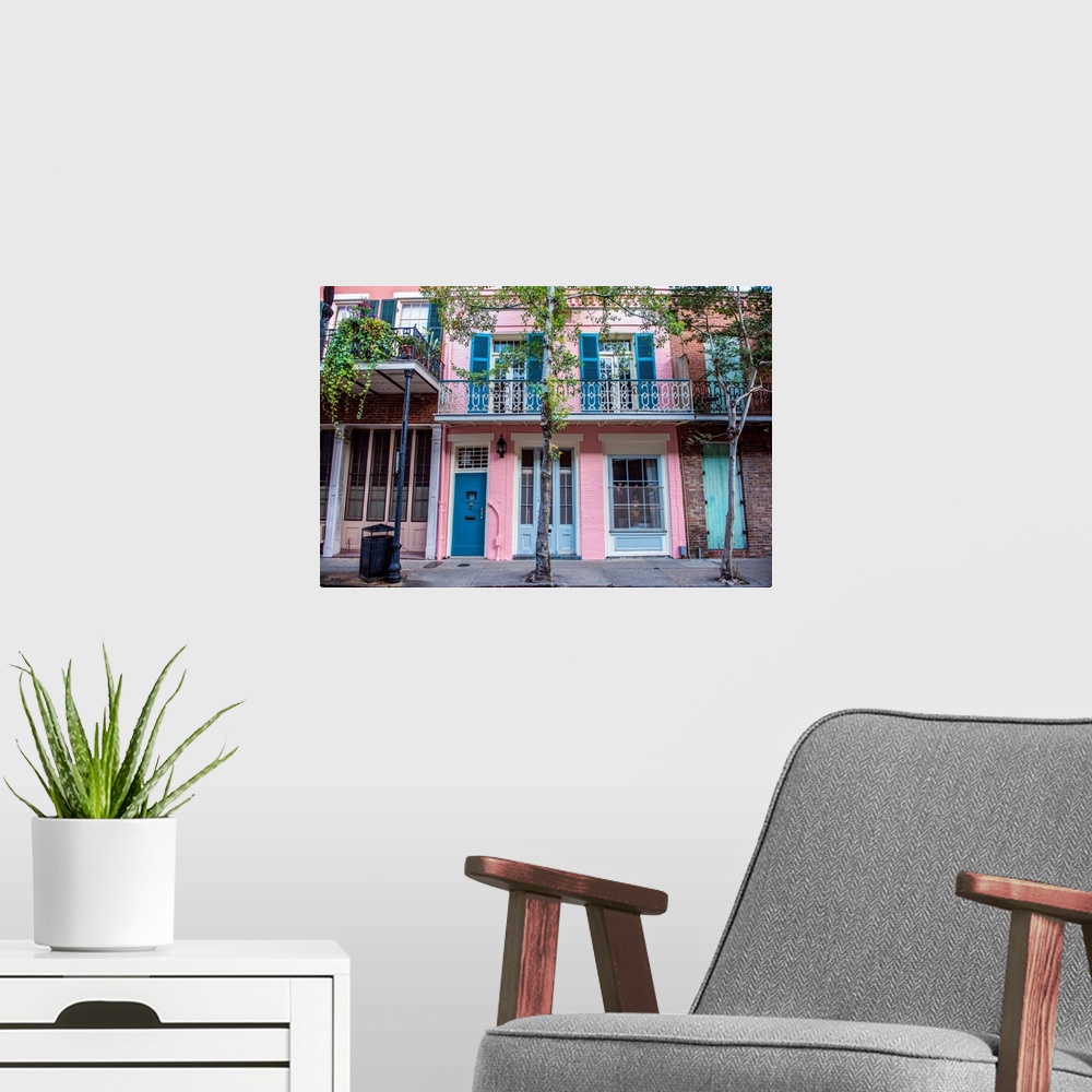 A modern room featuring View of brightly colored residences in New Orleans, Louisiana.