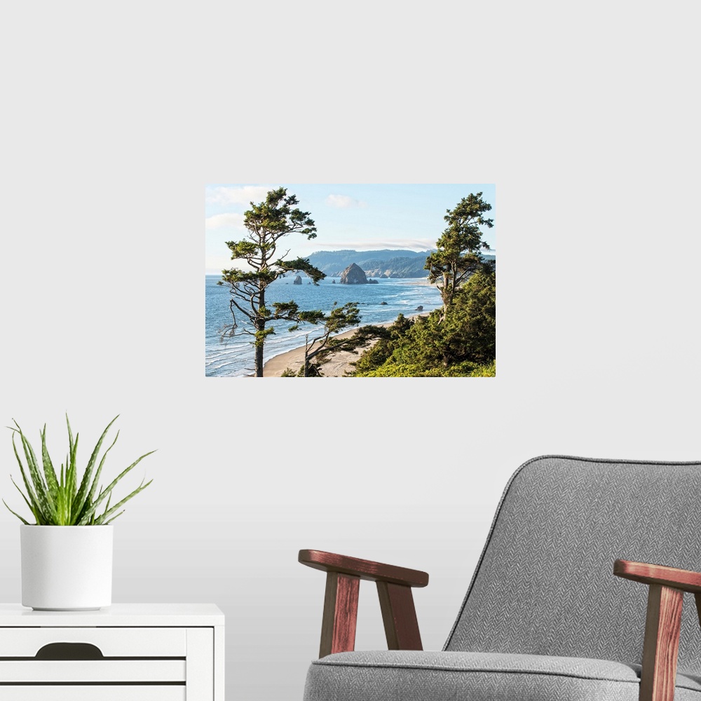 A modern room featuring Landscape photograph of Cannon Beach through trees with Haystack Rock in the distance.