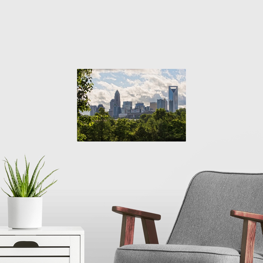 A modern room featuring A forest of trees in the foreground of the Charlotte North Carolina city skyline.