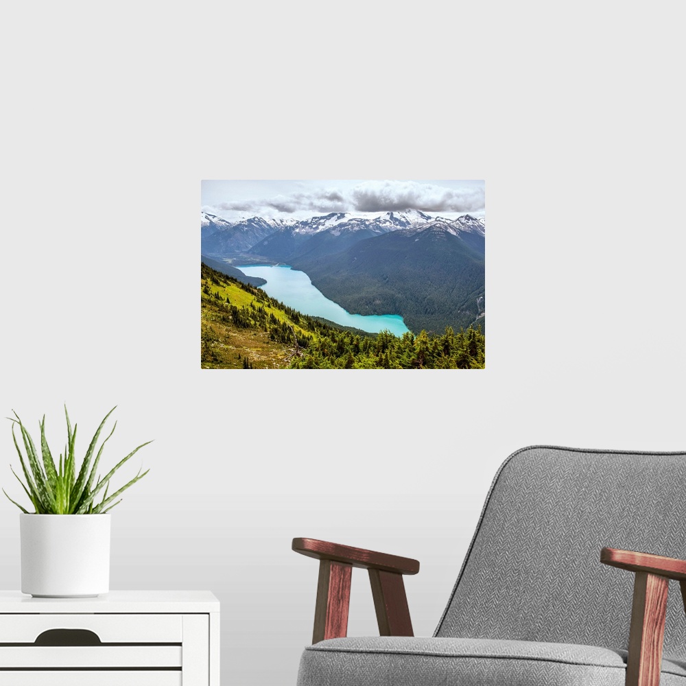 A modern room featuring Cheakamus Lake in British Columbia, Canada.