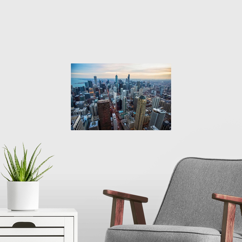 A modern room featuring Aerial view of Chicago's skyline in the morning.