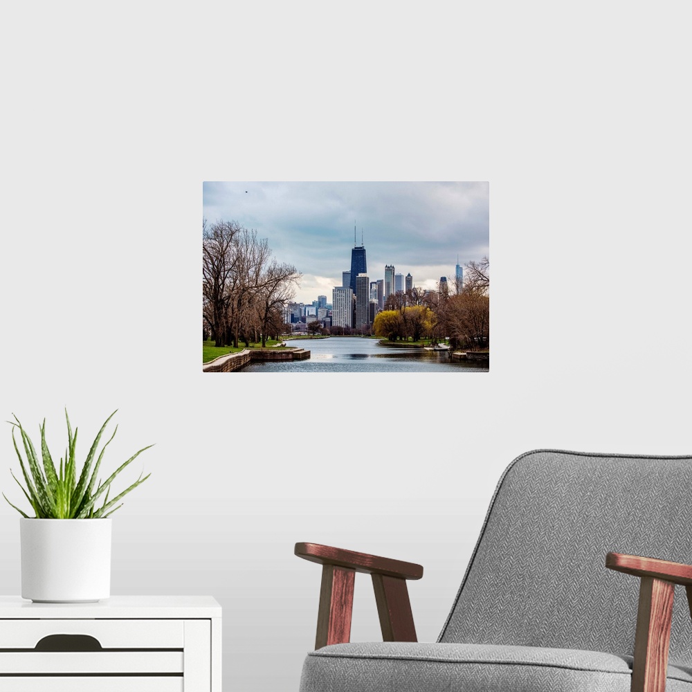 A modern room featuring View of Chicago Skyline from South Lagoon.