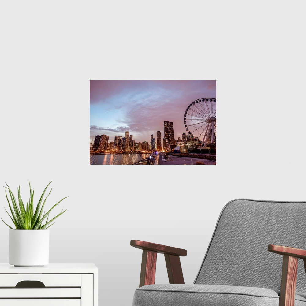 A modern room featuring Photo of Chicago skyline with Centennial Wheel from Navy Pier.
