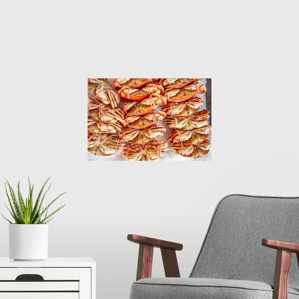 A modern room featuring Crab stacks at farmer's market in Seattle, Washington.