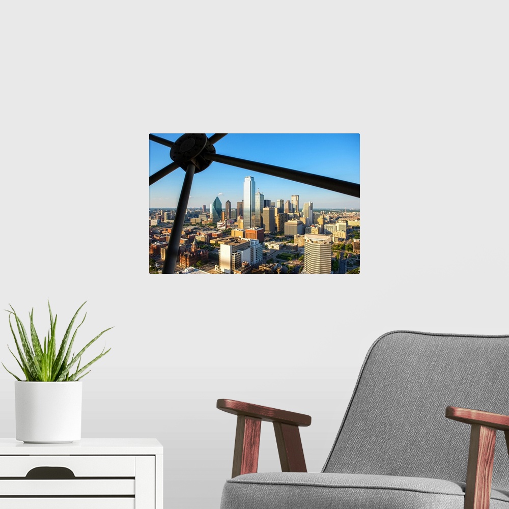 A modern room featuring A cityscape view of Dallas, Texas.