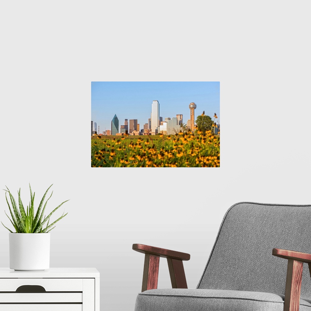 A modern room featuring A field of wild flowers in the foreground of the Dallas Texas skyline.