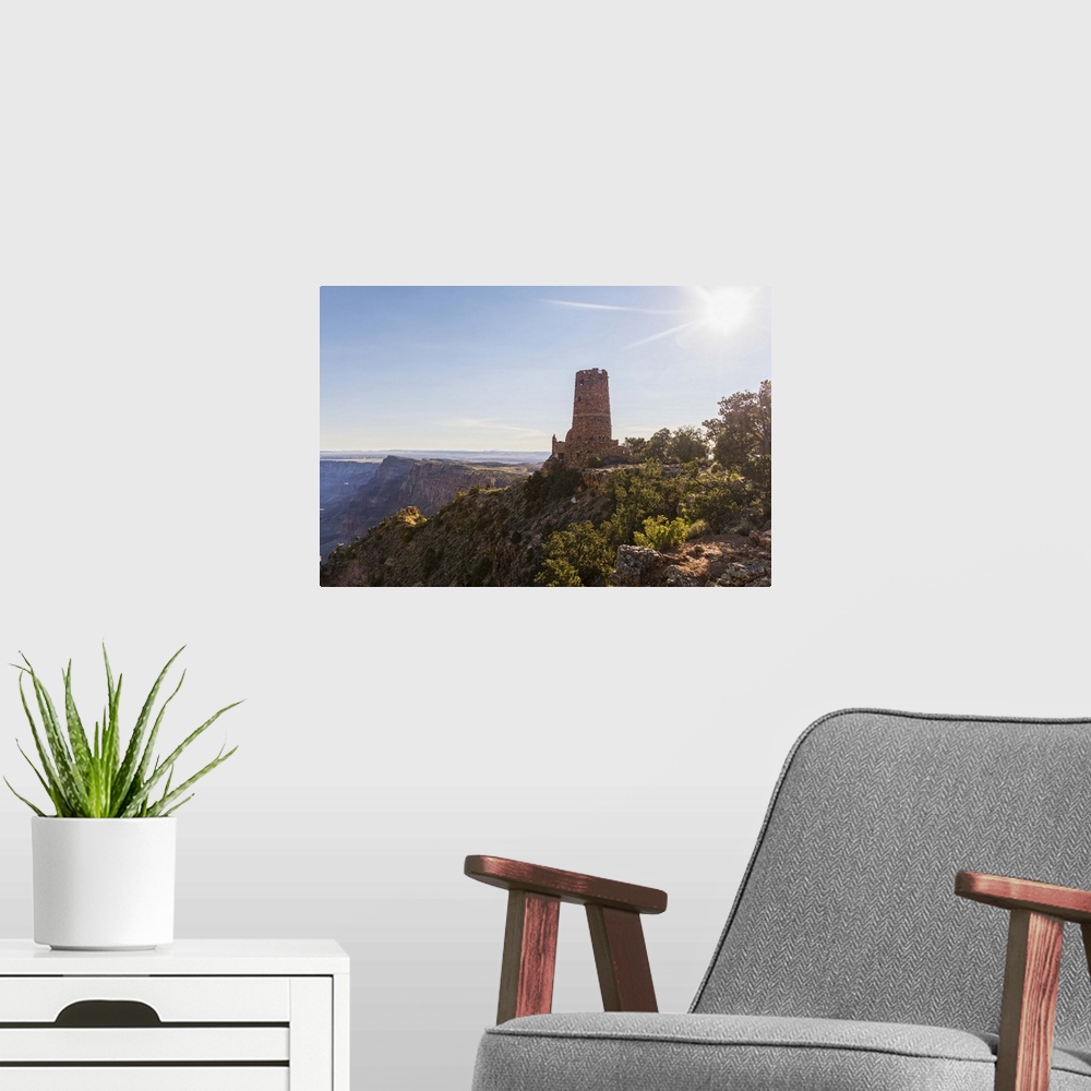 A modern room featuring Photograph of the Desert View Watchtower surrounded by canyon views.