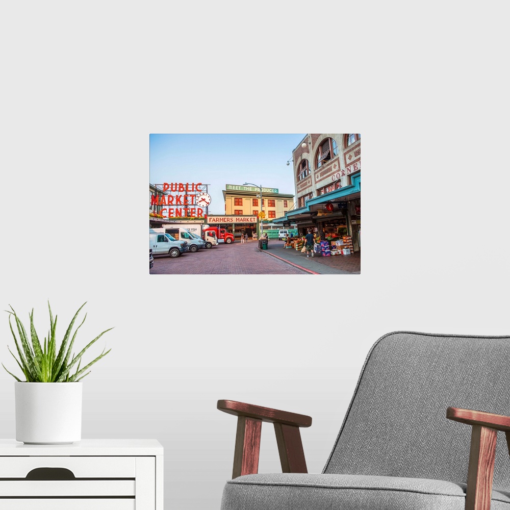 A modern room featuring Streetview of the farmers market in downtown Seattle, Washington.