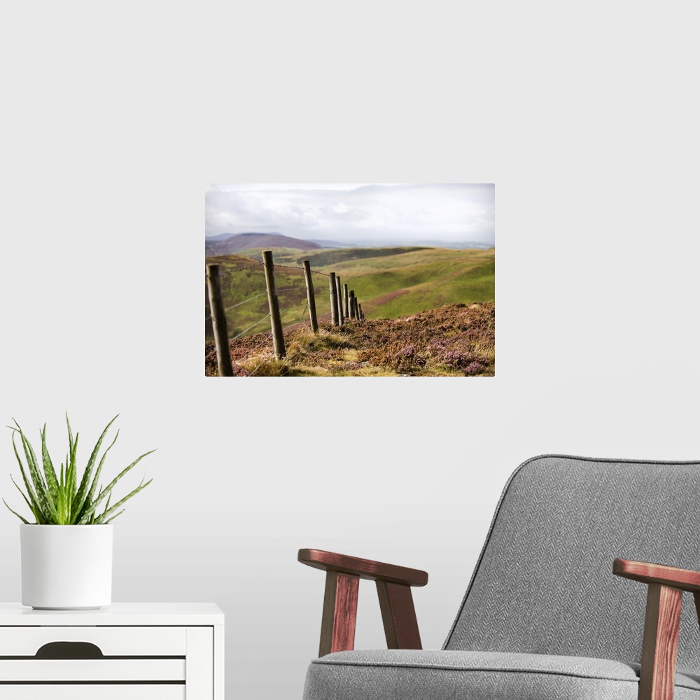 A modern room featuring Photograph of a fence running though rolling hills in an Edinburgh countryside, Scotland, UK