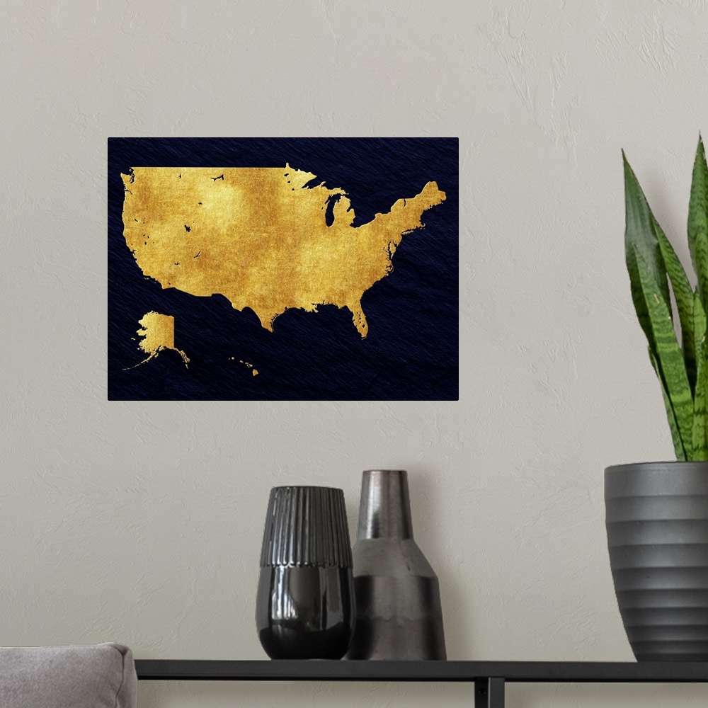 A modern room featuring Gold and navy map of the United States of America.