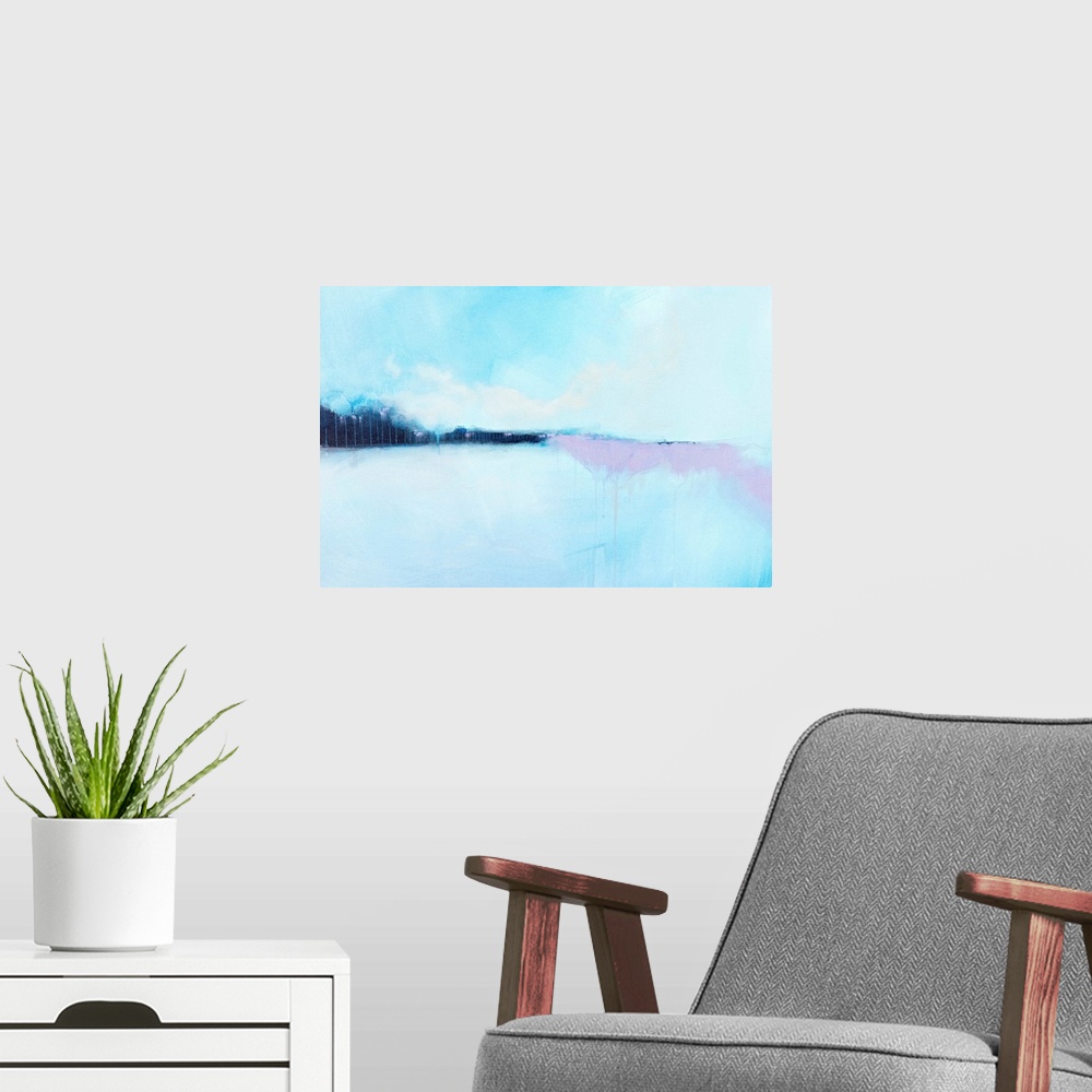 A modern room featuring Contemporary abstract painting in light blue and lavender tones,  resembling a field in the winter.