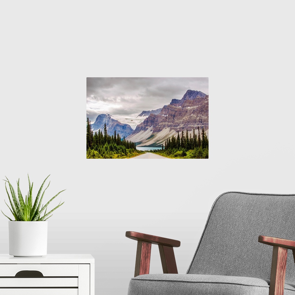 A modern room featuring View of Crowfoot mountain from Icefiels Parkway in Banff National Park, Alberta, Canada.