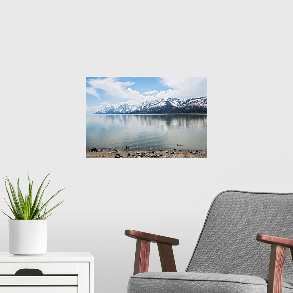 A modern room featuring Landscape photograph of Jackson Lake with the Grand Teton mountains in the background.
