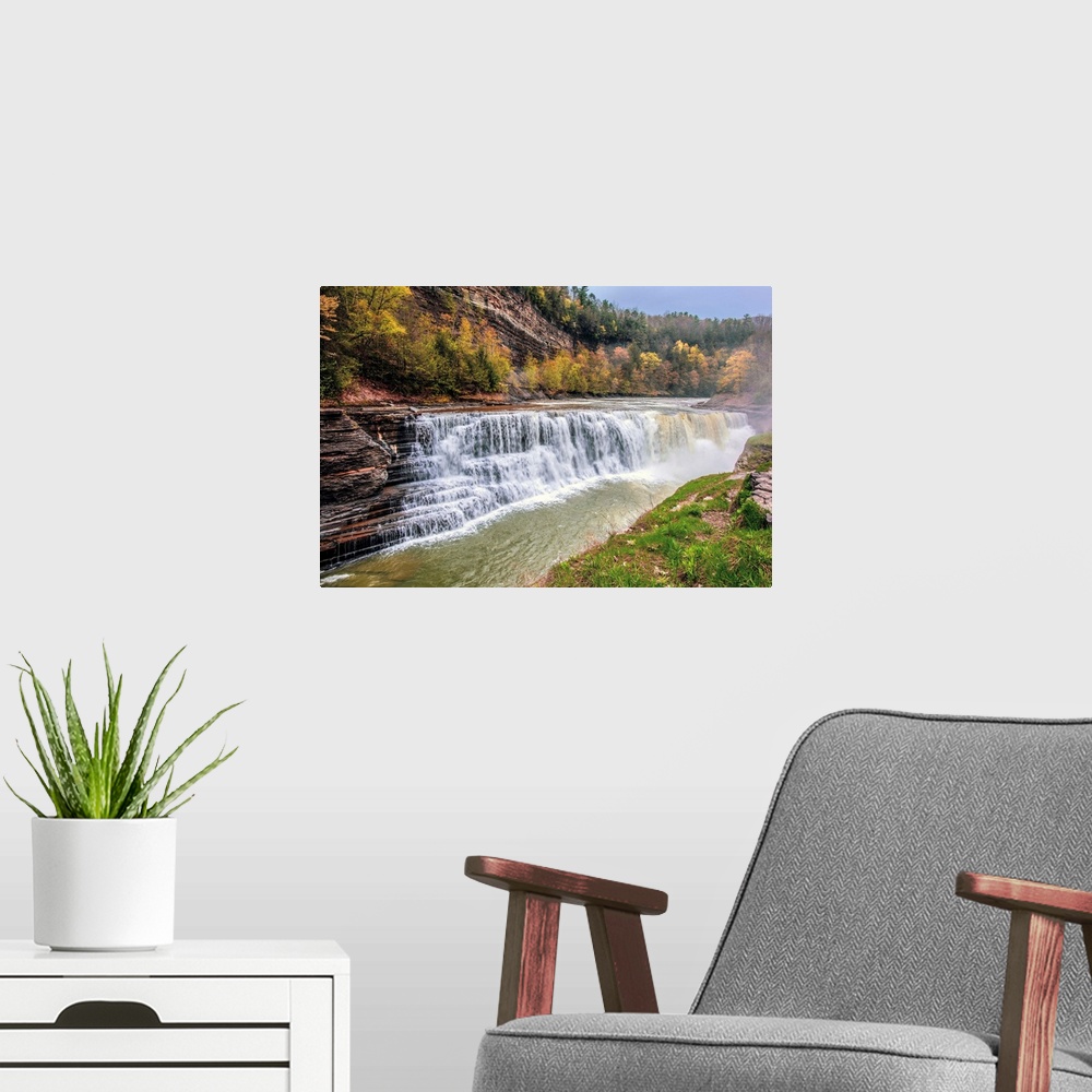 A modern room featuring View of lower falls of the Genesee River in Letchworth State Park, New York.