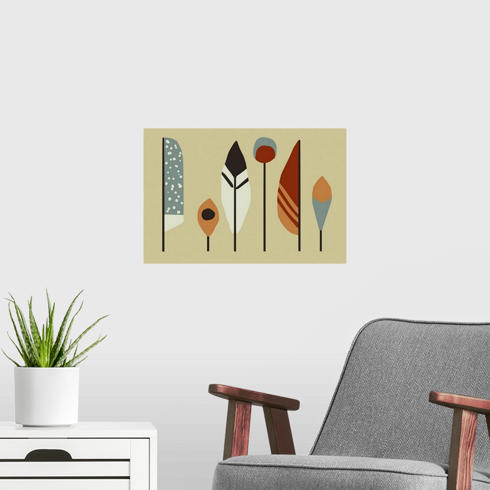 A modern room featuring Horizontal illustration of a row of feathers in a modern style on a brown backdrop.