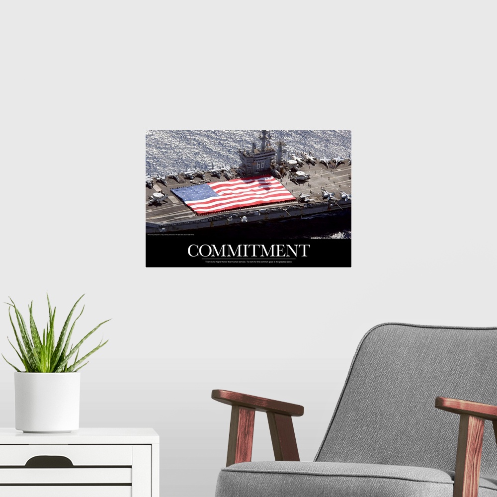 A modern room featuring Inspirational Commitment print showing the flag of the United States of America stretched across ...