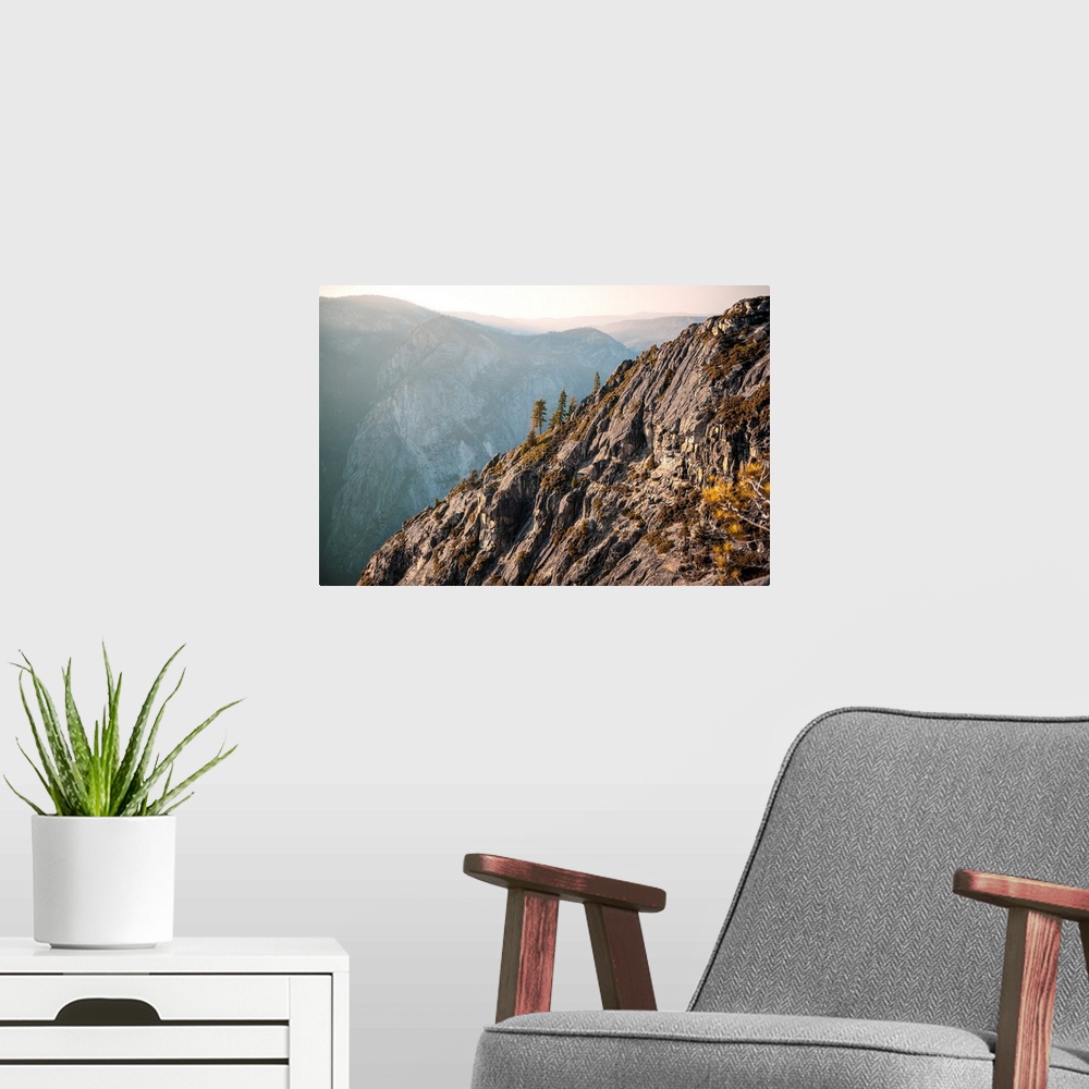 A modern room featuring View of the side of a mountain from Taft Point in Yosemite National Park, California.