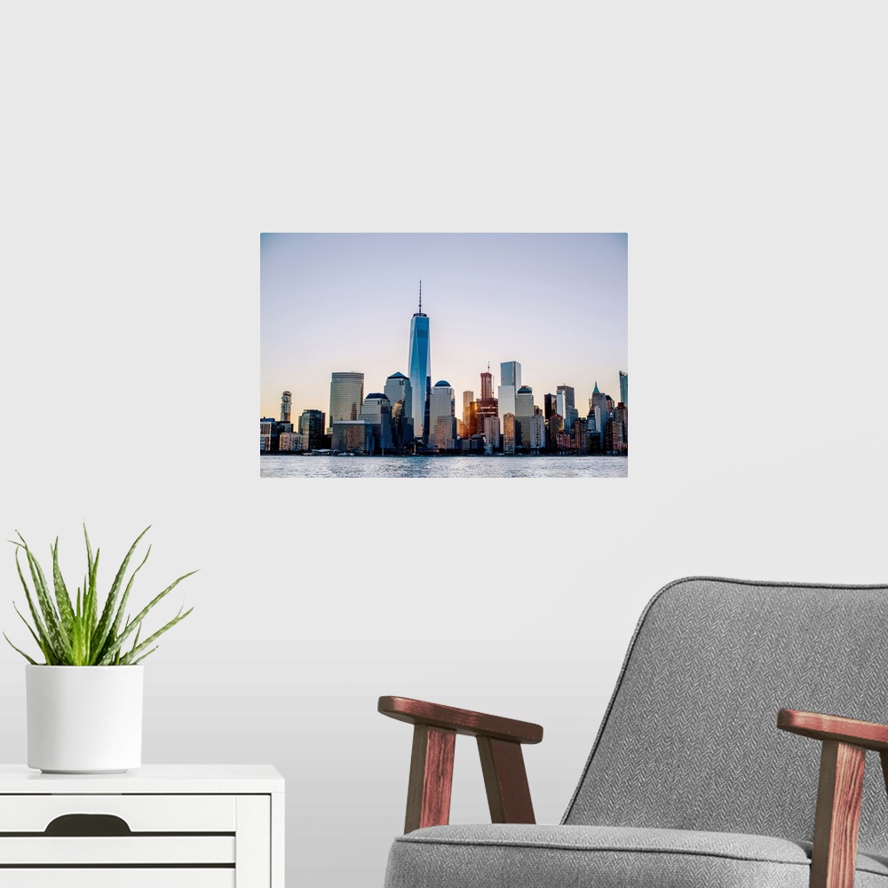 A modern room featuring View of the New York City skyline in the morning.