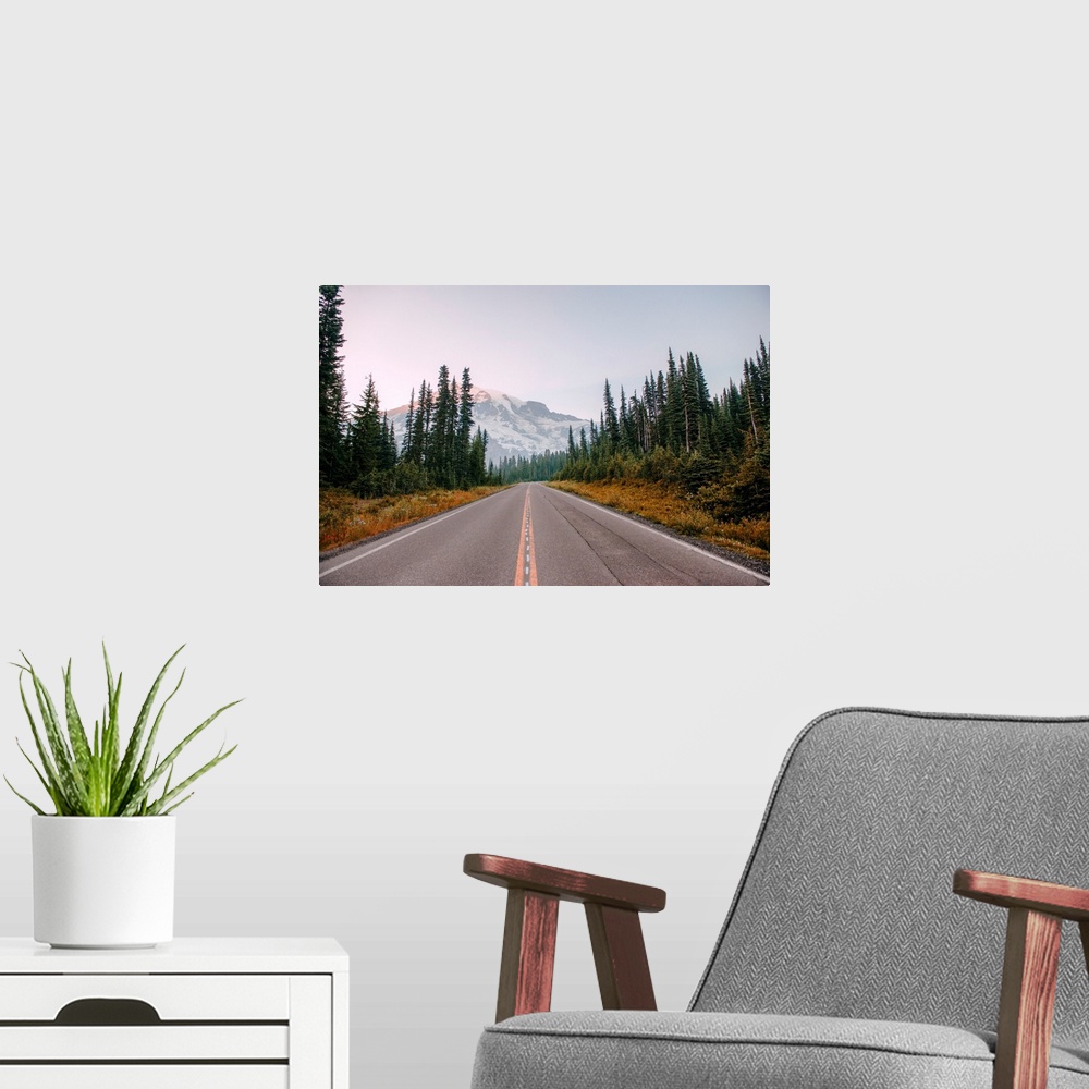 A modern room featuring View of the road to Mount Rainier, Mount Rainier National Park, Washington.