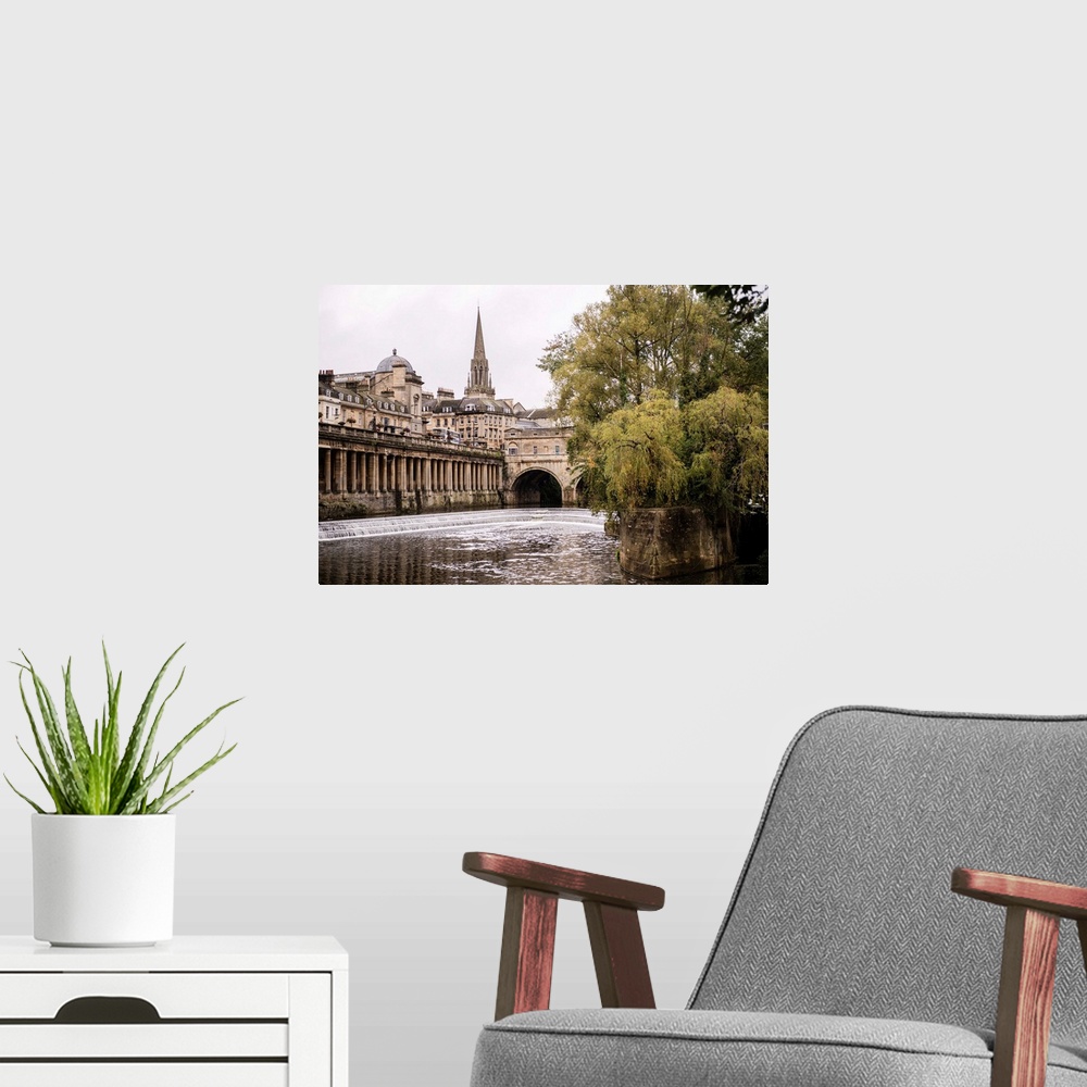 A modern room featuring Beautiful photograph of Bath's Pulteney Bridge and weir on an overcast day in England.