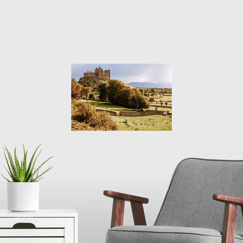 A modern room featuring Distant photograph of the Rock of Cashel located in Cashel, County Tipperary, Ireland, with a fie...