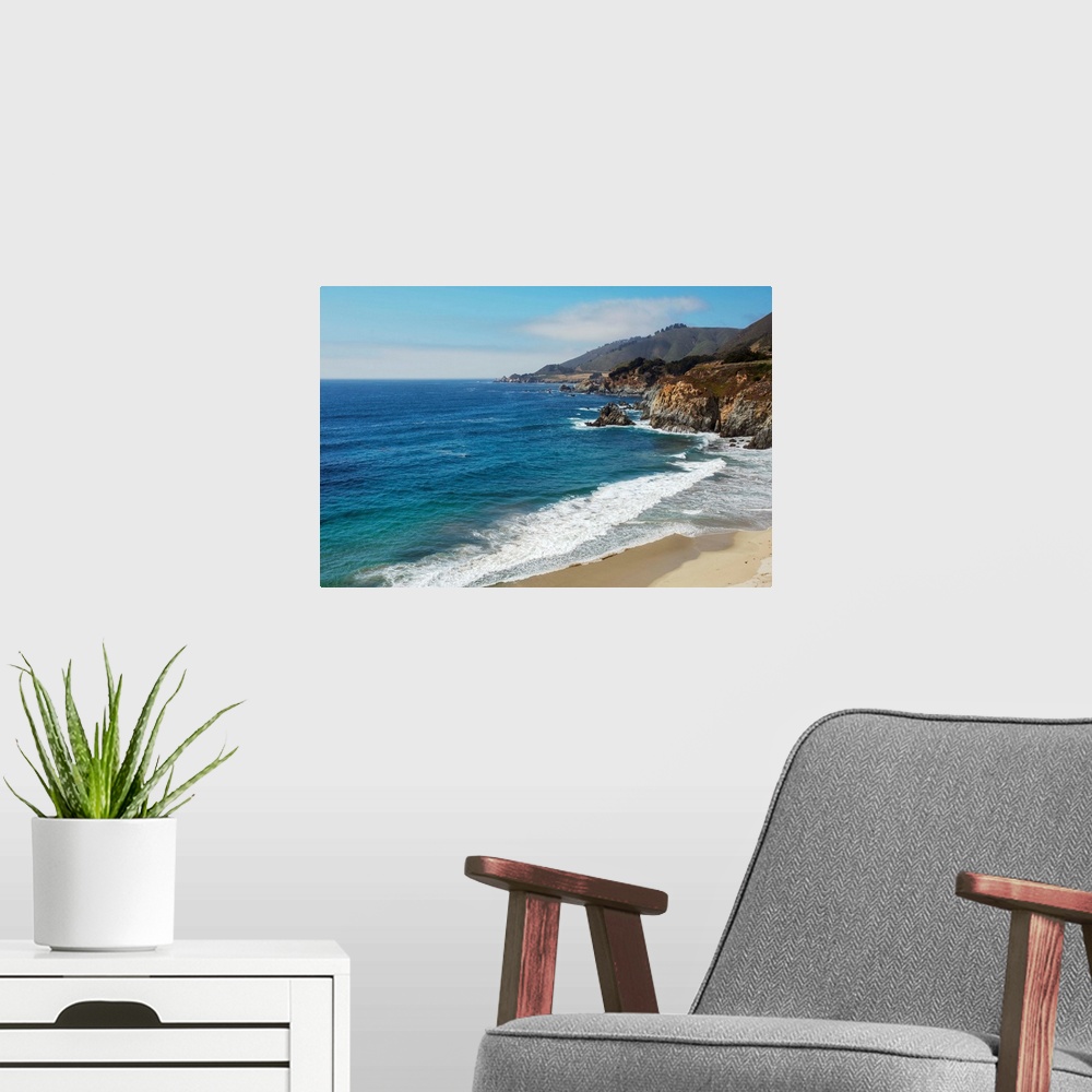 A modern room featuring View of Rocky Creek Bridge beach shore in Monterey County, California.