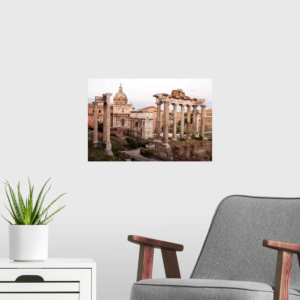 A modern room featuring Photograph of the ruins at the Roman Forum.