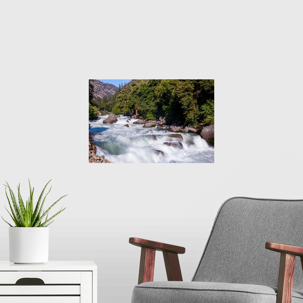 A modern room featuring Rushing South Fork Kings River in Sequoia National Park, California.