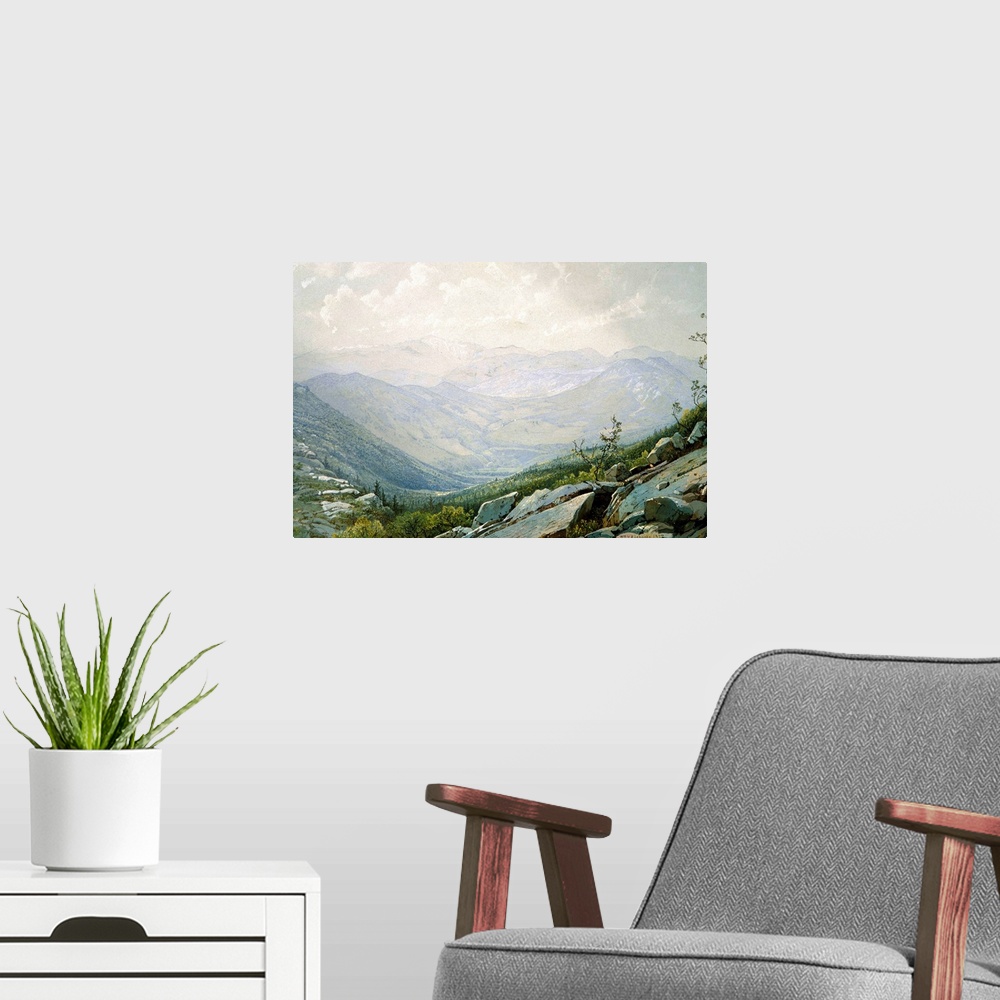 A modern room featuring Painting of sunlight warming the rocky wilderness of a mountain valley in New Hampshire.