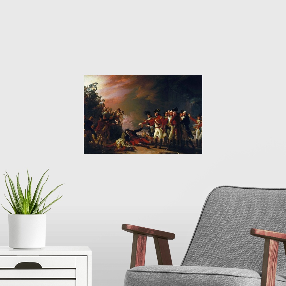 A modern room featuring This painting depicts the events of the night of November 26, 1781, when British troops, long bes...