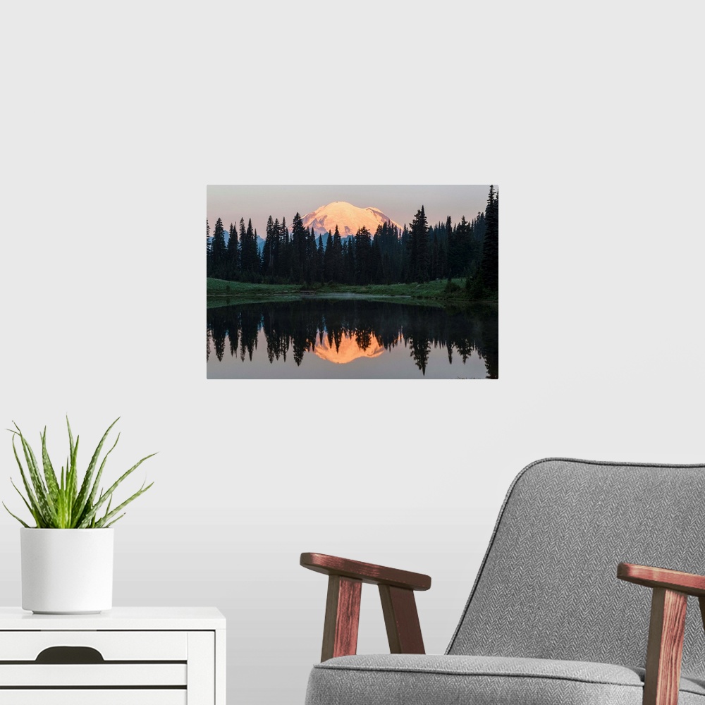A modern room featuring View of Mount Rainier's peak reflection in Upper Tipsoo Lake, Washington.