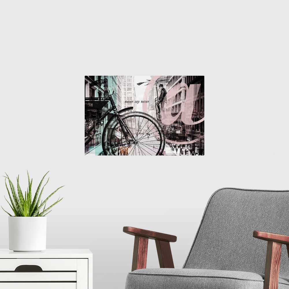 A modern room featuring A vintage cityscape photograph overlaid with vintage illustrations of a bicycle, flying machine, ...