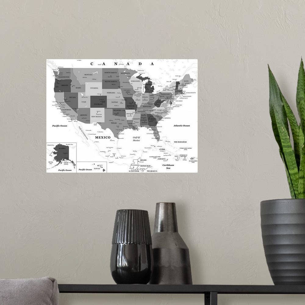 A modern room featuring Large black and white map of the United States of America with a classic font.