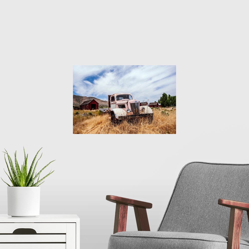 A modern room featuring View of a vintage truck near Lake Tahoe in California and Nevada.