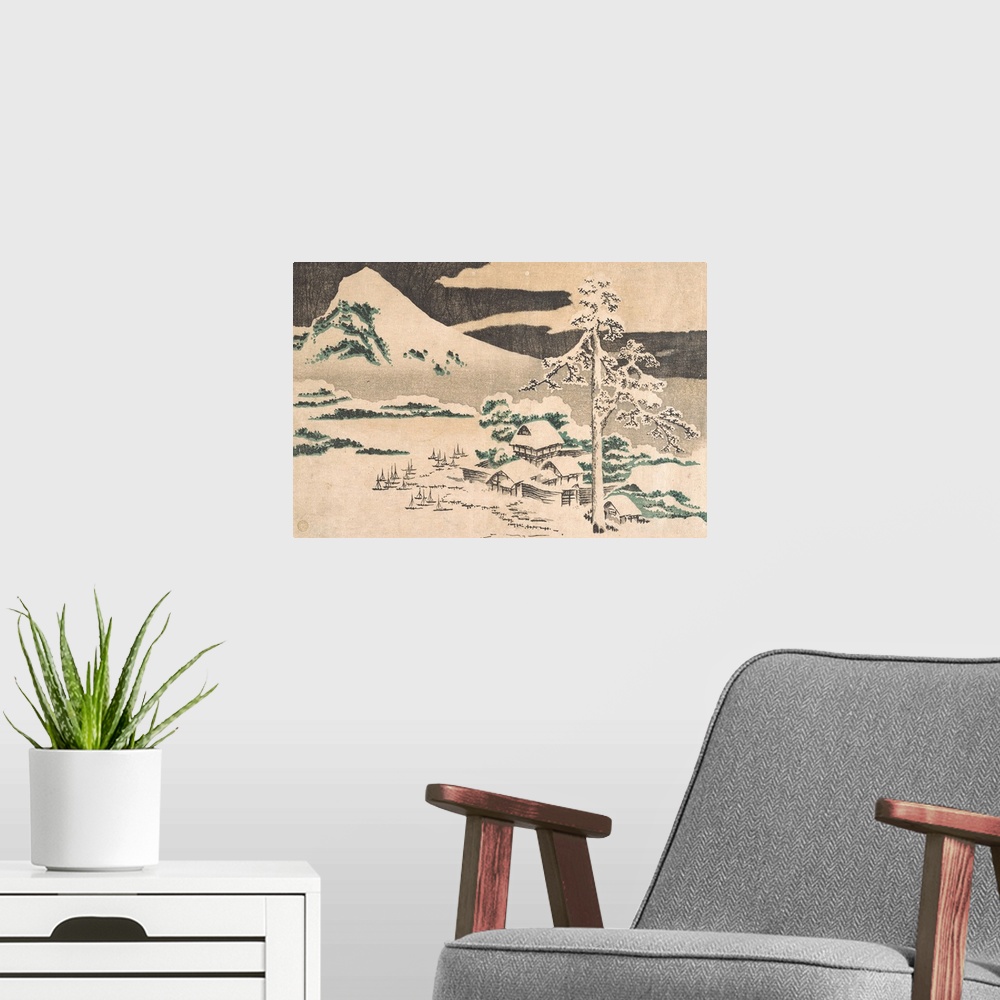 A modern room featuring Woodblock print of a snow-covered tree and house under a mountain in the winter.