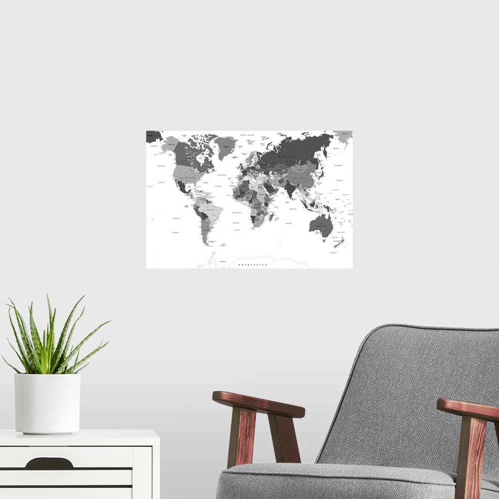 A modern room featuring Large black and white map of the World with a classic font.