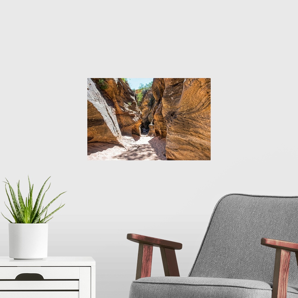 A modern room featuring Landscape photograph of red canyon walls at Zion National Park, UT.
